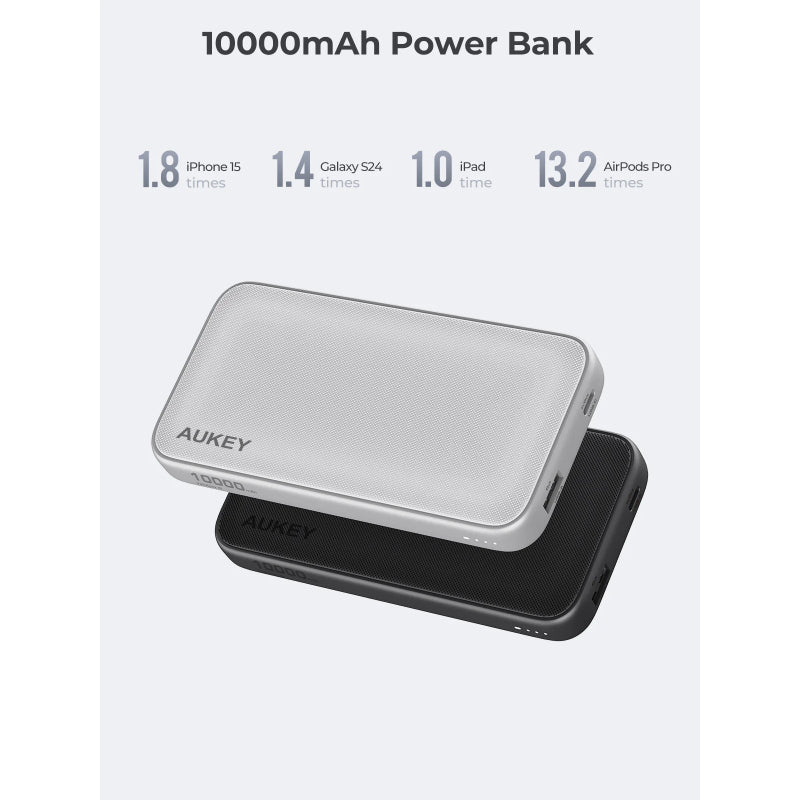 Aukey Spark Go Power Bank 10000mAh, 15W Fast Charging, Dual Ports USB-C & USB-A PB-Y46 – White