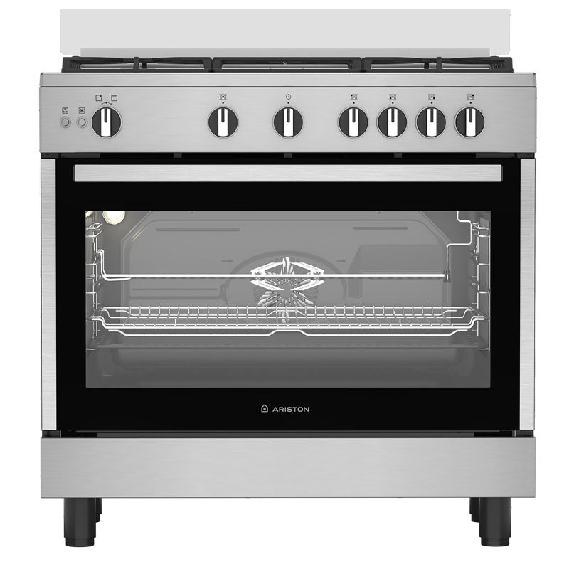 Ariston , gas cooker , 5 burners , 90 cm , cast iron supports , full safety , grill , fan , ARR9GGF23127XJA - silver