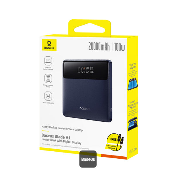 باور بانك Baseus، سعة 20000mAh، شحن سريع 100W مع كابل مدمج، CR121، أسود