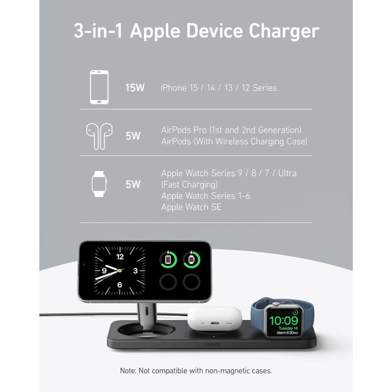 Anker MagGo Wireless Charging Station 15W Ultra 3-in-1 B25M1211 – Black