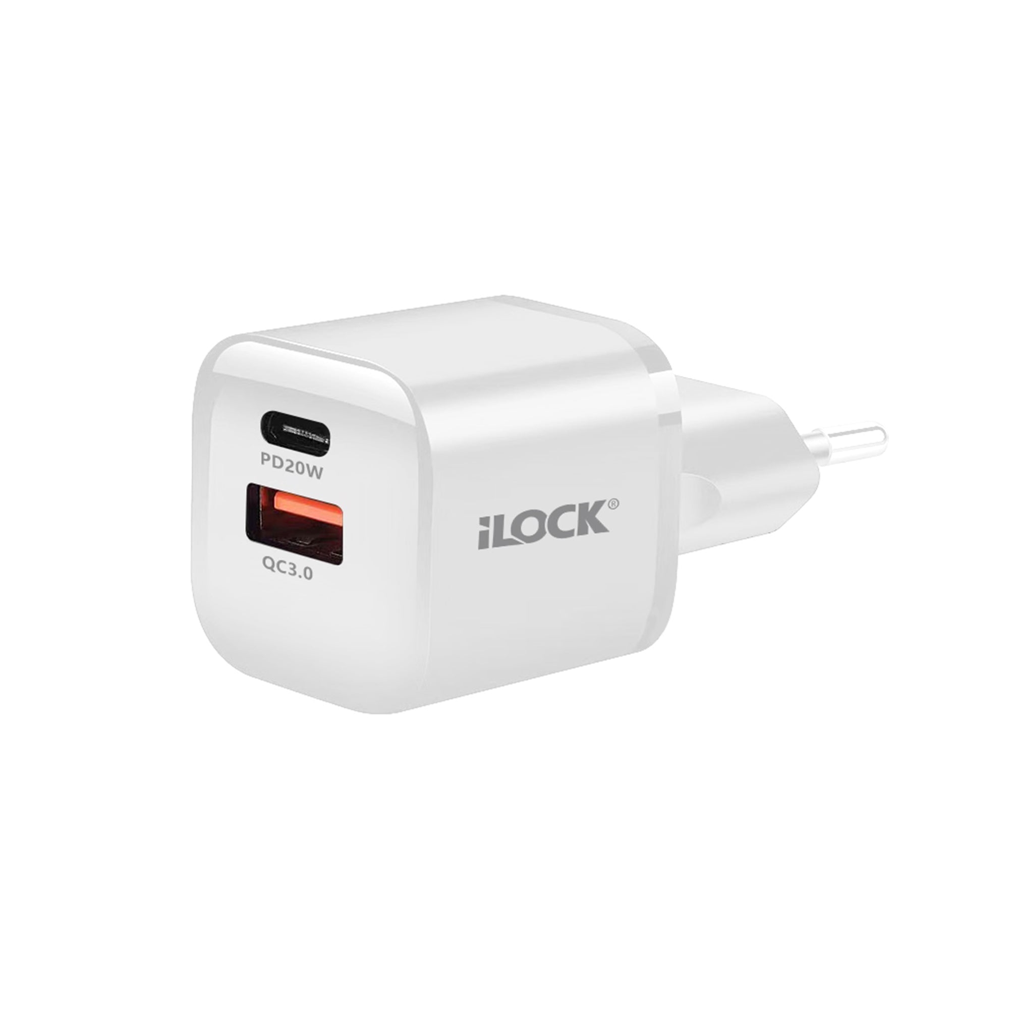 I-Lock 20W Dual Port Fast Charger (USB-A & USB-C)Compact – White