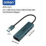 Onten USB 3.0 100M network card + 3 ports HUB Gigabit Ethernet Adapter, OTN-5221 - Green
