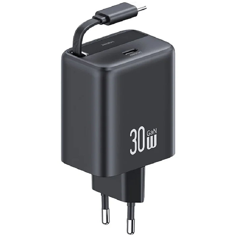 Usams CC241 Type-C Charger with Retractable Cable, 30W - Black