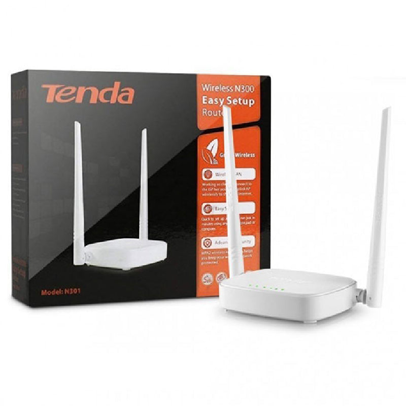 Tenda N301 Wireless N300 Easy Setup Router, 4 Ports, 2 Antenna, 10/100Mbps - White