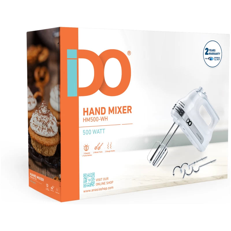 IDO Hand Mixer, 500 Watt, 5 Speeds, HM500-WH - White 