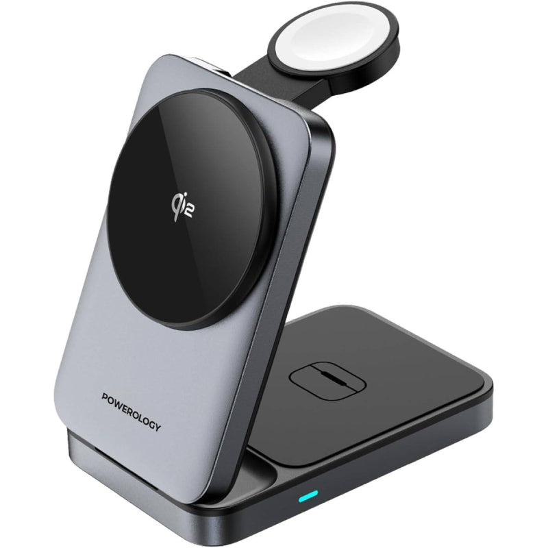 Powerology 3-in-1 Foldable Wireless Magnetic Charging Hub, PWCUQC033 - Black