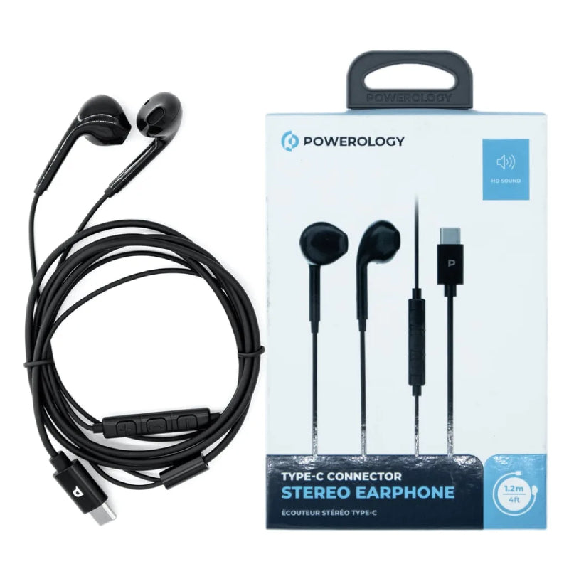 Powerology Stereo USB-C Earphones 1.2M, PSTREPBK - Black
