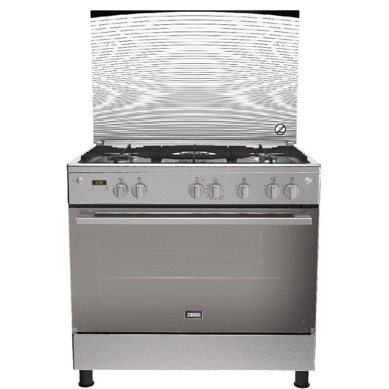 Zanussi Cool Max Gas Cooker, 90 x 60 CM, 5 Burners, Full Safety, Digital Screen, Fan, ZCG94396XB - Stainless Steel