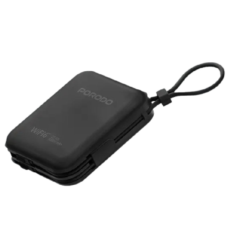Porodo 4G LTE | WiFi 6 Pocket Router & 22.5W Power Bank 10000 mAh With Built-In Cable - Black