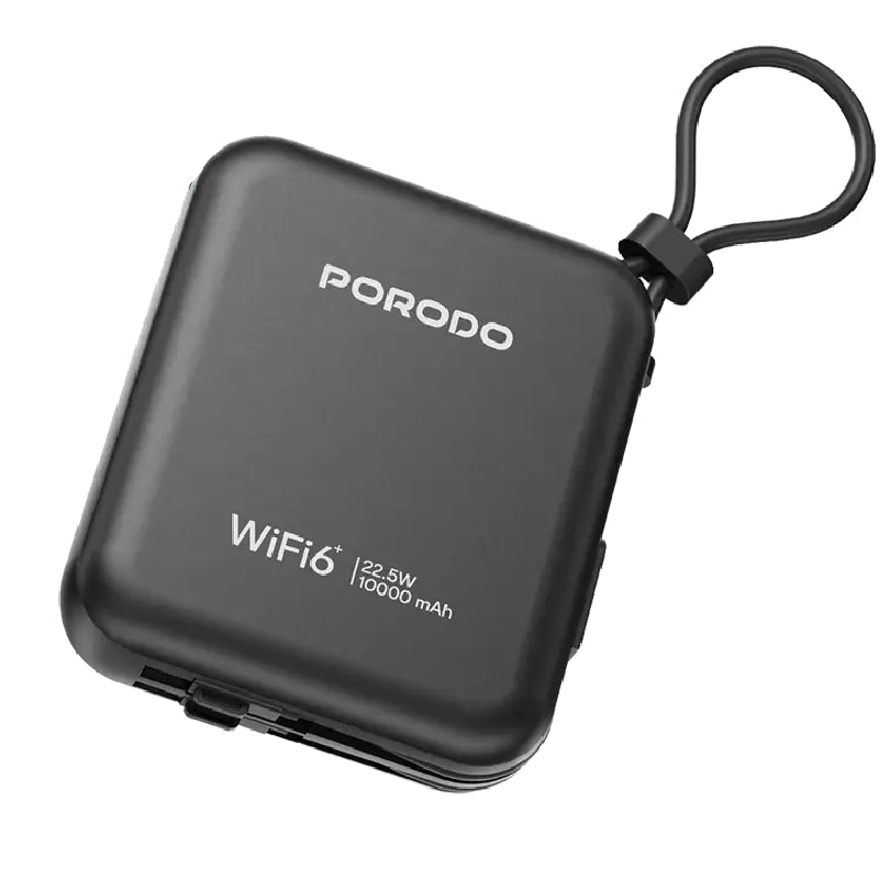 Porodo 4G LTE | WiFi 6 Pocket Router & 22.5W Power Bank 10000 mAh With Built-In Cable - Black