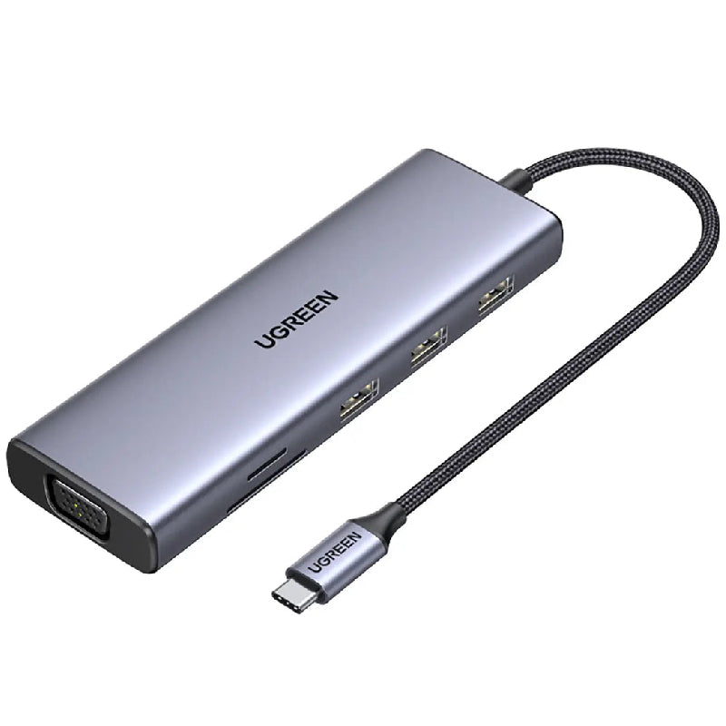 Ugreen 15600 9in1 USB-C To 3* USB-3, VGA, RJ45 1G, HDMI 4K, PD 100W, SD/TF - Gray