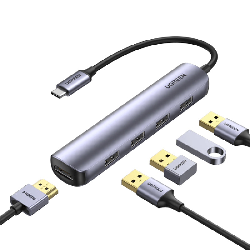UGREEN 20197 USB C 5-in-1 Multiport Hub HDMI 4K@30Hz with 4 USB 3.0 Ports - Gray
