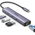 Ugreen 60600 USB-C to 3×USB3.0 + 1G RJ45 (4-in-1) - Gray