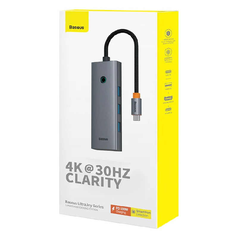 Baseus UltraJoy Series 5-Port USB-C Hub, 4K 30Hz Clarity, 100W PD Charging, B00052801811-00 - Grey
