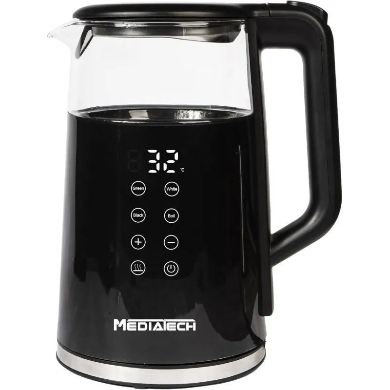 MediaTech Pyrex Digital Kettle, 1.7 Liter, 2200 Watts, With Temperature Selection Display, MT-KDP005 - Black