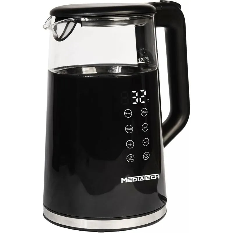 MediaTech Pyrex Digital Kettle, 1.7 Liter, 2200 Watts, With Temperature Selection Display, MT-KDP005 - Black