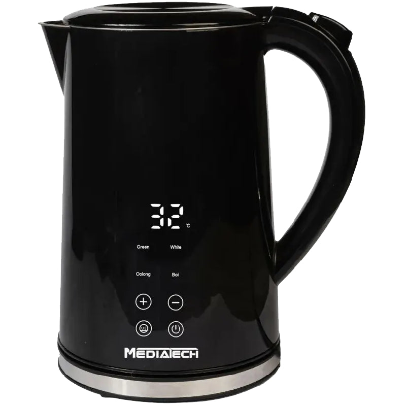 MediaTech Stainless Steel Digital Kettle, 1.7 Liter, 2200 Watts, With Temperature Selection Display, MT-KDP001 - Black
