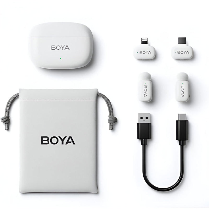 Boya Mini-13 2in1 2.4GHz Dual Channel Wireless Microphone With Noise Cancelling, Lightning and Type-C Receiver - White