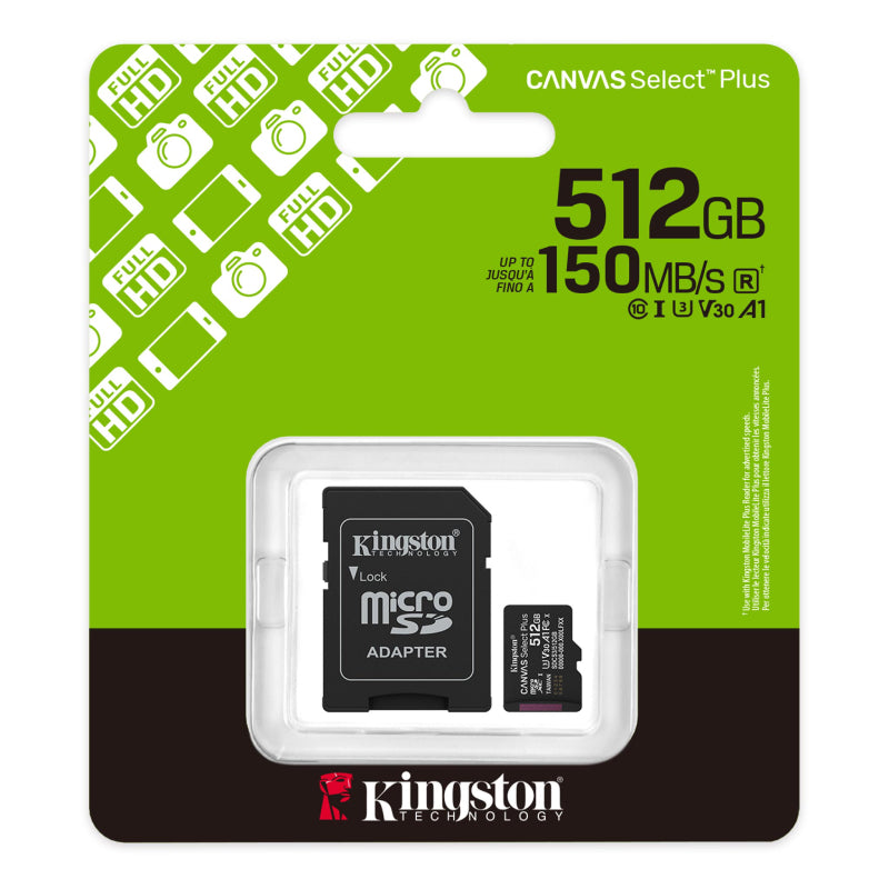 Kingston Canvas Select Plus MicroSD Memory Card, 512GB, 150MB/S, SDCS3 - Black