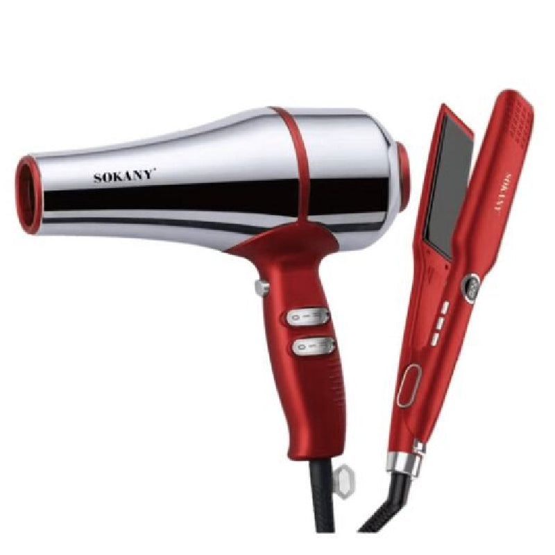 Sokany Hair Dryer 3600W & Hair Straightener 230C, SK-14035 - Silver&Red