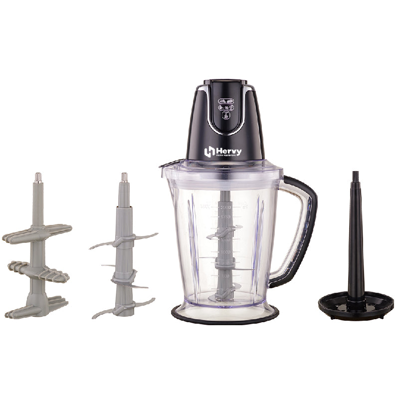 Hervy Chopper 2L, 700W, 6 Stainless Steel Blades, Cream Beater, Garlic Peeler, C-001 - Black