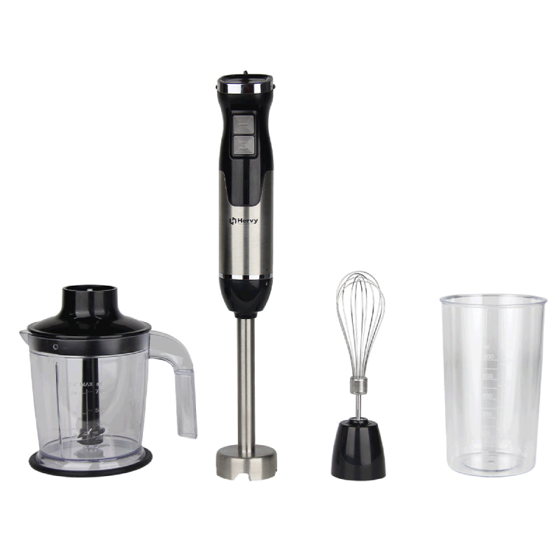 Hervy Pro Act Hand Blender 1000W, Variable Speed, Turbo, Stainless Steel Body, 600ml Whisking Cup, 700ml Chopper Jug - Black