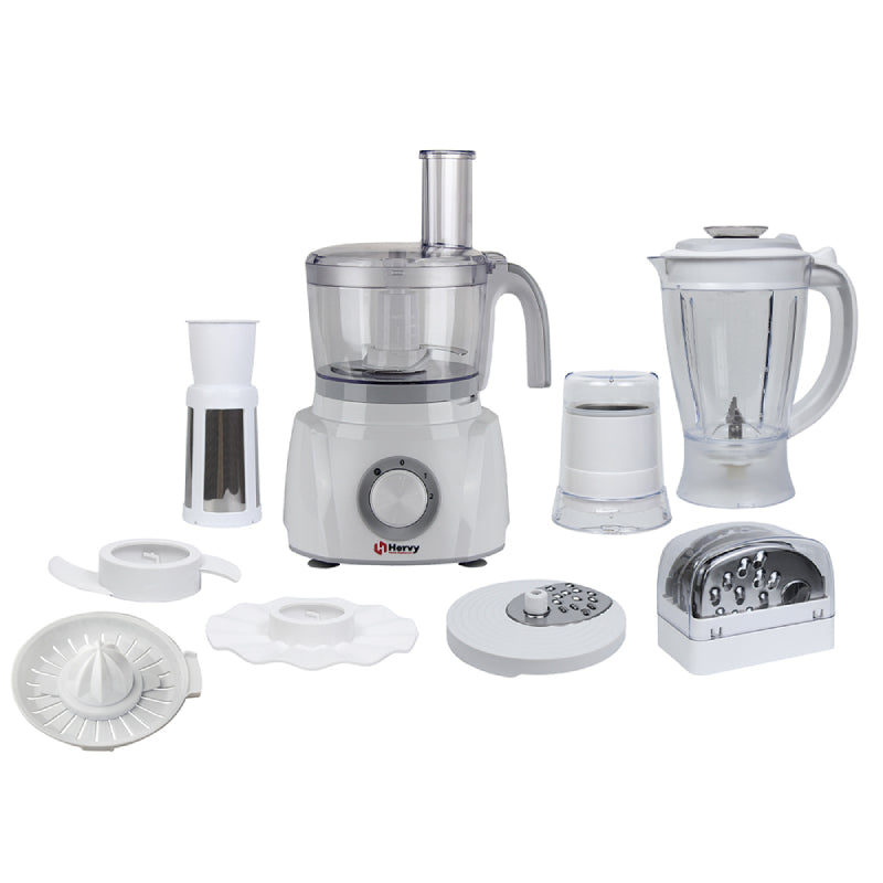 Hervy Multi-Act Food Processor 1000W, 30 Functions, 1.5L Jug, 1L Chopper - White
