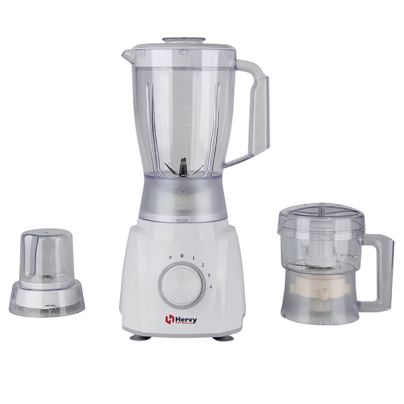 Herfy Stormy Blender, 1.5L, 600W, 4 Speeds, Turbo, 1 Chopper, 1 Grinder - White