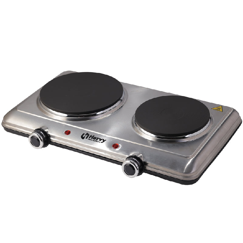 Hervy Flamy Double Electric Cooker 2250W, Dual Hobs, Thermostat Control, Stainless Steel Body - Silver