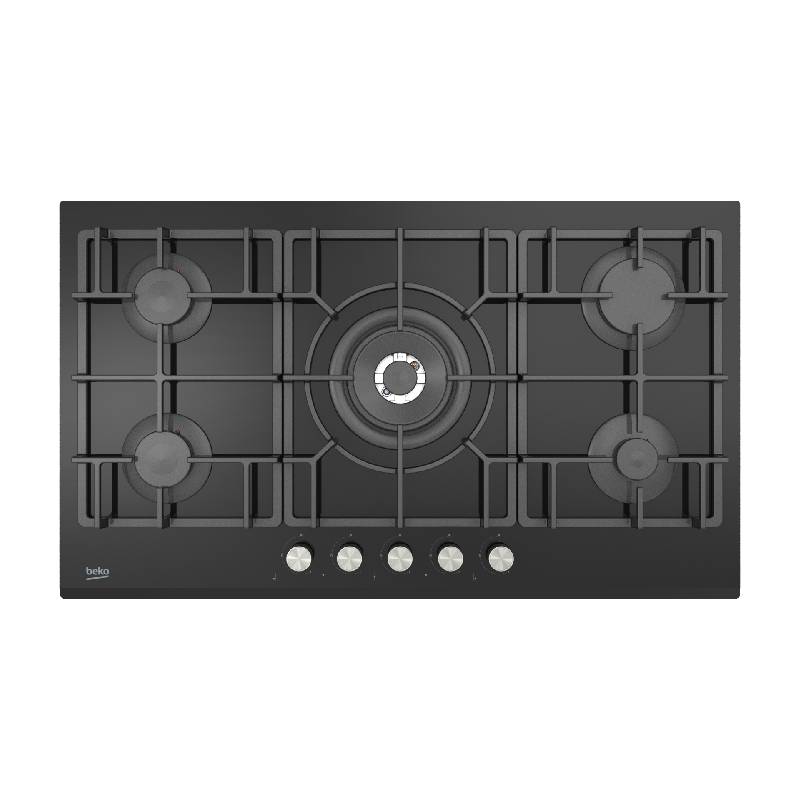 Beko Built-In Gas Hob 90cm 5 Burners Cast Iron Full Safety Tempered Glass , HISW 95226 SEL- Black