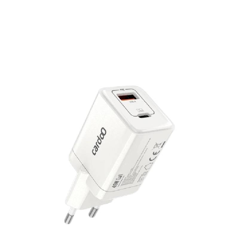 شاحن حائط Cardoo بقوة 45 وات PD بمنفذي USB-C وUSB-A – أبيض