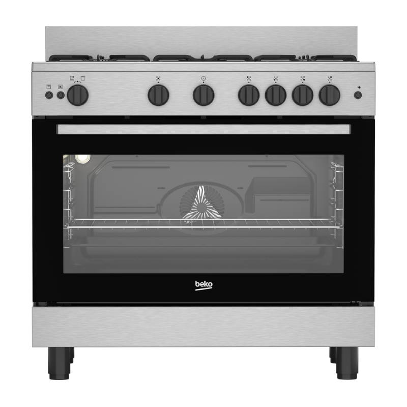 بوتاجاز Beko مقاس 90 سم، 5 شعلات، حوامل زهر، بمروحتين وأمان كامل، BGGR 12113 GXF