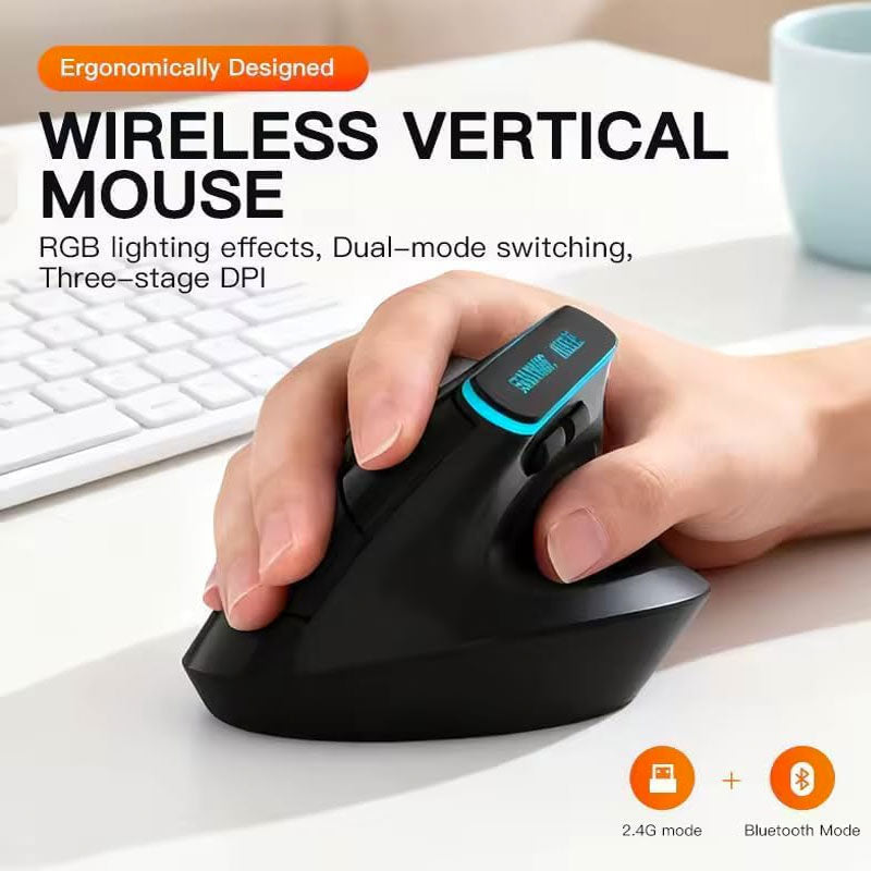 JeDEL W925P RGB Vertical Dual Mode Bluetooth / 2.4G Wireless Mouse - Rechargeable Battery with ON/Off Button - Adjustable 4800 DPI - RGB Lighting – For Mac & Win | Black