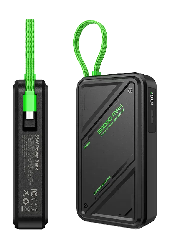 باور بانك Infinix GT Power XP20GT بسعة 20000 مللي أمبير، قدرة 55 وات مع كابل USB-C مدمج، 3 منافذ – أسود