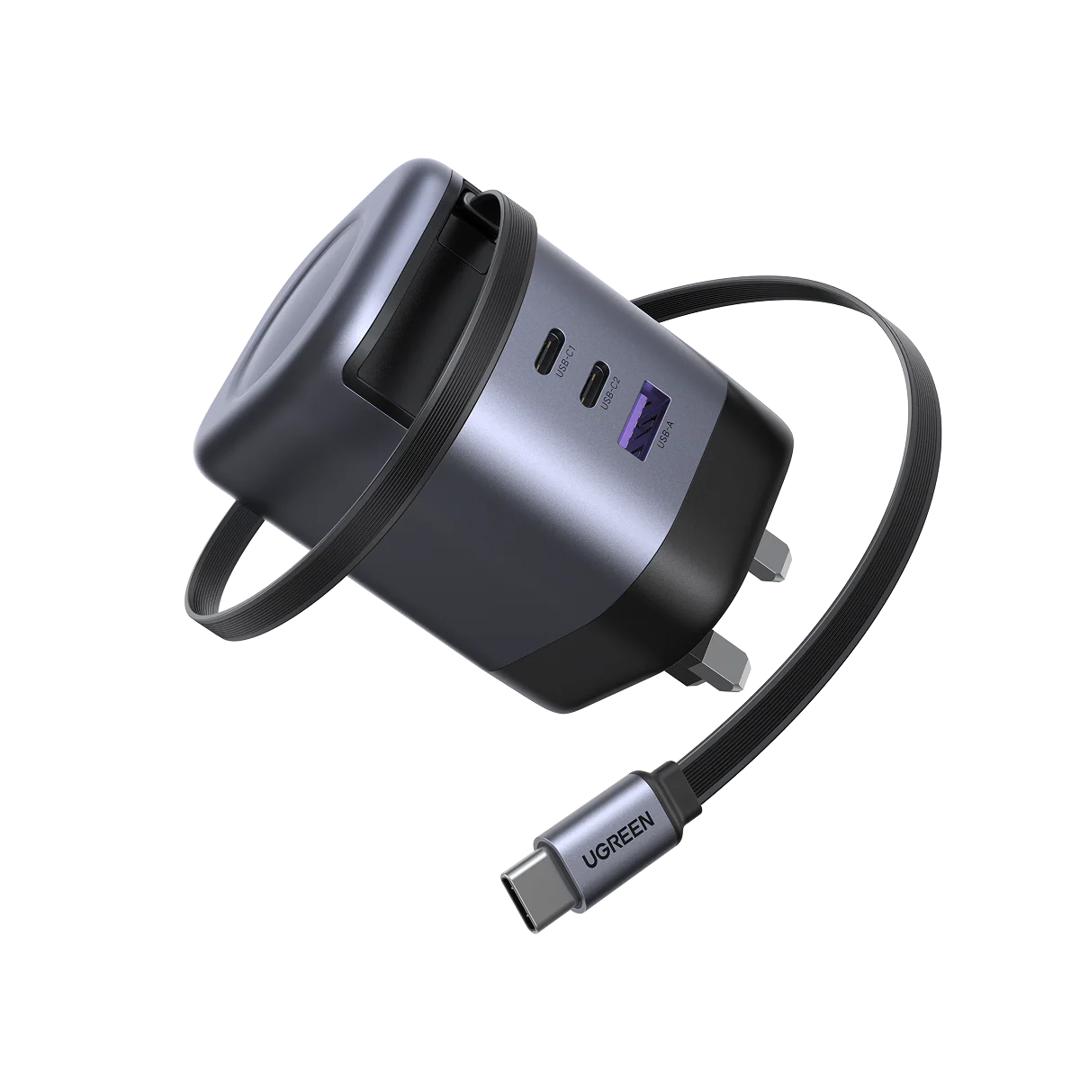 UGREEN 100W GaN Fast Home Charger Adapter with Retractable Cable X616, Silver