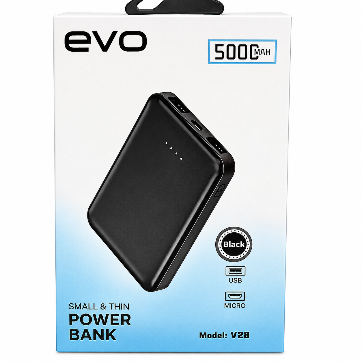 EVO V28 Power Bank 5000mAh with 2 USB, USB-C PD & Micro USB - Black