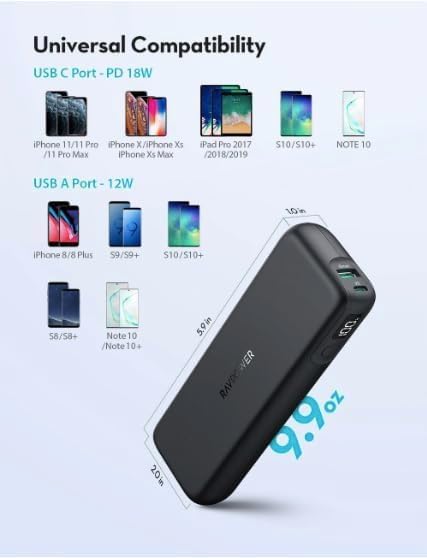 RAVPower Power Bank 15000mAh 30W 2-Port Portable Charger USB-C, RP-PB203 - Black