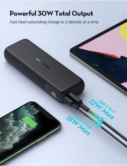 RAVPower Power Bank 15000mAh 30W 2-Port Portable Charger USB-C, RP-PB203 - Black