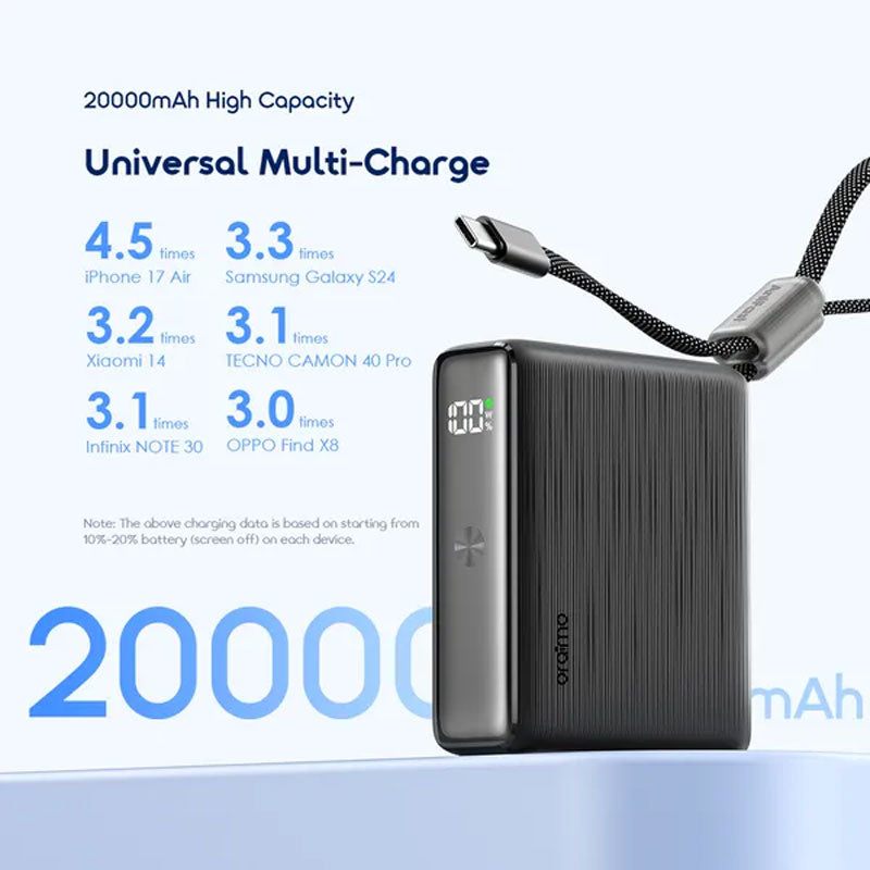 Oraimo , PowerNova L21 , Power Bank , 20000mAh , 30W , With Cable , 2Ports, OPB-7203C-BK - Black
