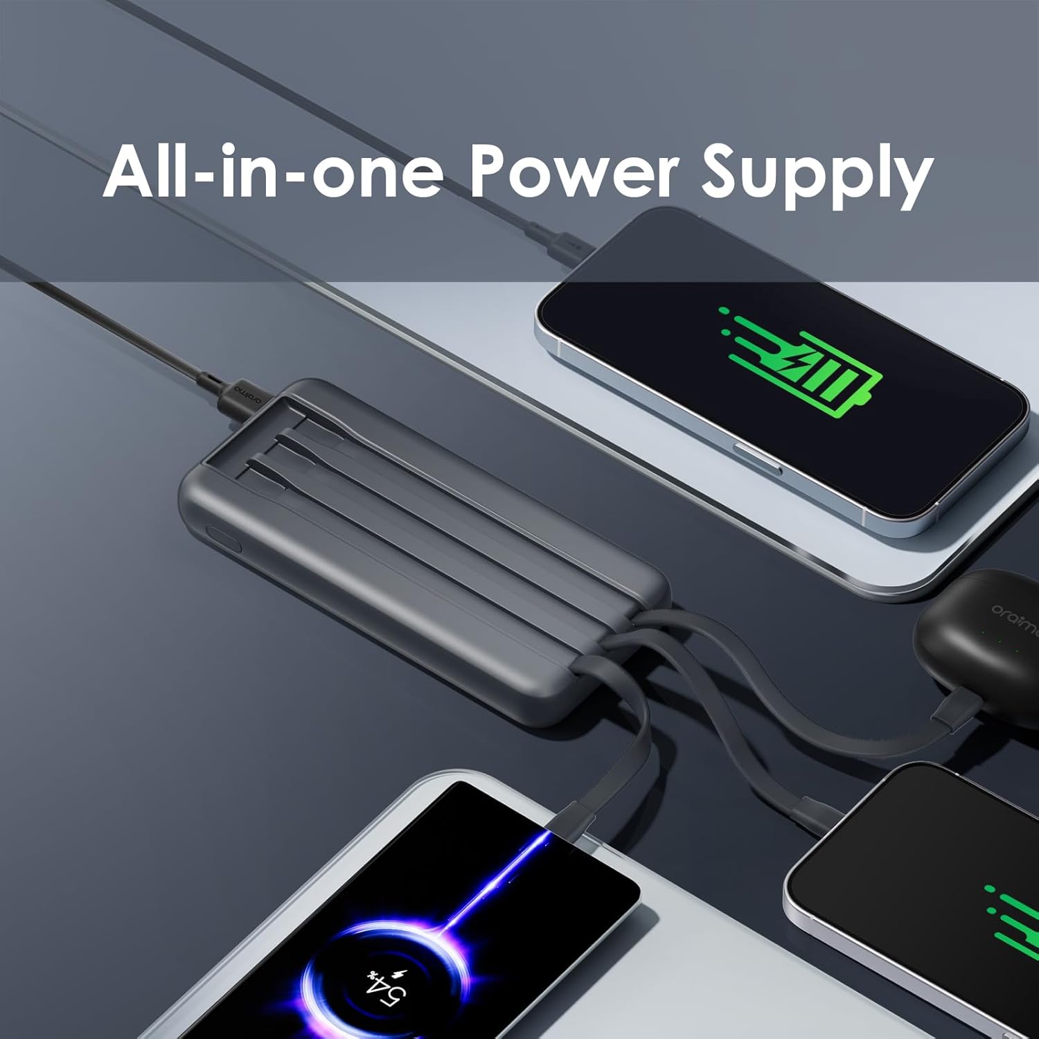 Oraimo Power Bank 10000 mAh, 22.5W, Fast Charging, USB-A, Type-C, Micro, OPB-P7101 - Black