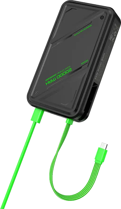 باور بانك Infinix GT Power XP20GT بسعة 20000 مللي أمبير، قدرة 55 وات مع كابل USB-C مدمج، 3 منافذ – أسود