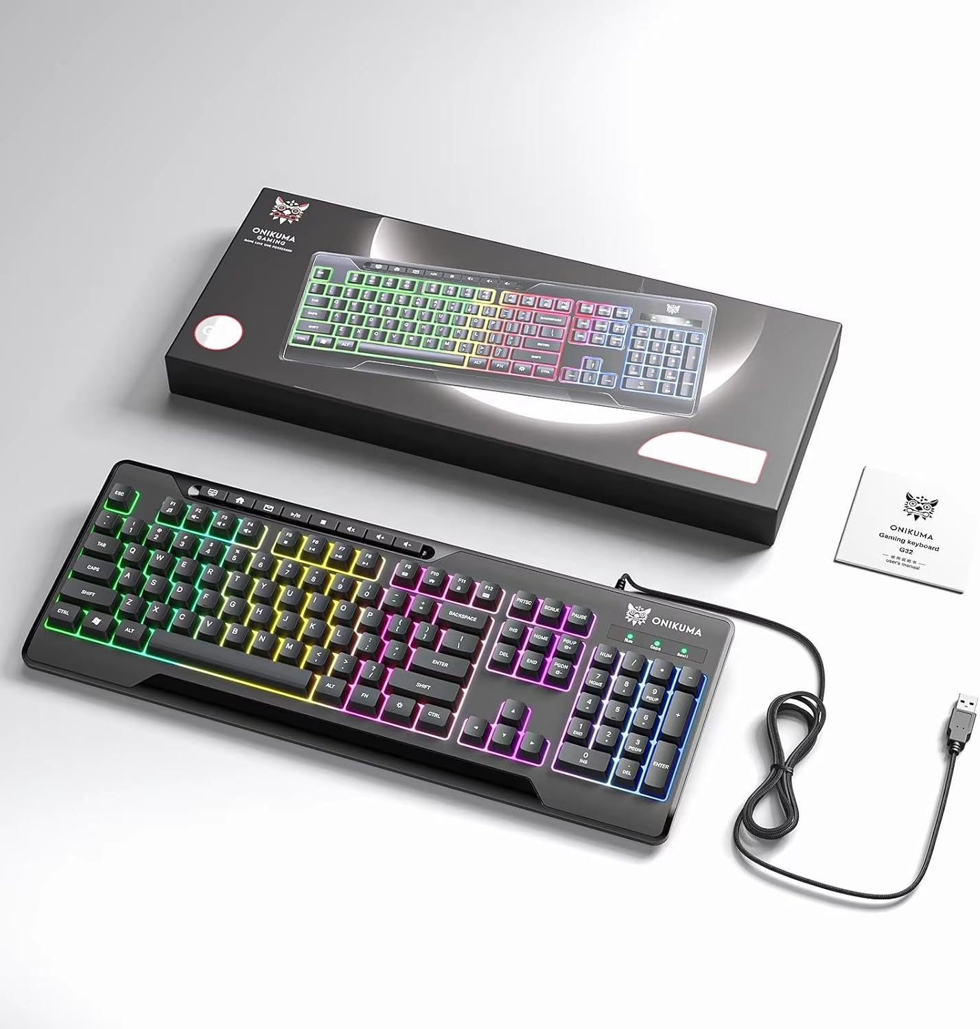 ONIKUMA G32 Matte Black Wired Gaming Keyboard with RGB Backlit Matte Key Caps - Black 