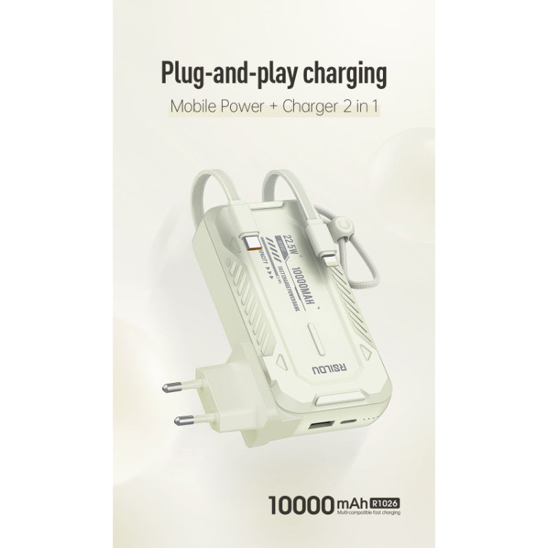 Rsilou Power Bank 10000mAh 22.5W Built-in Cables AC Plug R1026-001 – White