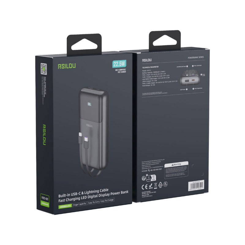 Rsilou Power Bank 20000mAh 22.5W Built-in Cables R1013-001