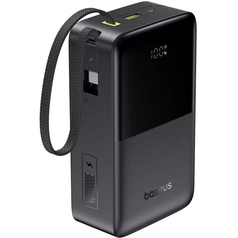 Baseus  Power Bank, 30000mAh, 22.5W, Built-in USB-C Cable - Black