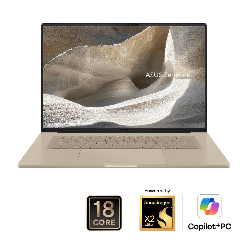لابتوب ASUS Zenbook A16، Snapdragon X2 Elite Extreme، رام 24GB، SSD 512GB، شاشة 16 بوصة 3K OLED 120Hz، Windows 11، بيج