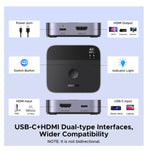 يوجرين 55452 محول تبديل USB-C وHDMI بمدخلين ومخرج HDMI واحد، بدقة 4K عند 60 هرتز ومعيار HDMI 2.0 ودعم HDR10+ – أسود