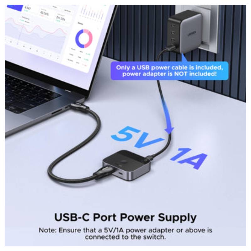 يوجرين 55452 محول تبديل USB-C وHDMI بمدخلين ومخرج HDMI واحد، بدقة 4K عند 60 هرتز ومعيار HDMI 2.0 ودعم HDR10+ – أسود