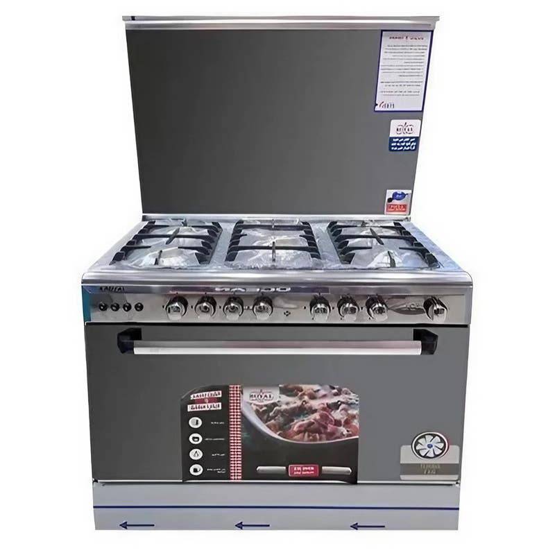 Royal Tower Cast Freestanding Gas Cooker, 5 Burners, Cast Iron Holders, Oven Fan, Stainless Steel, 60×90 cm