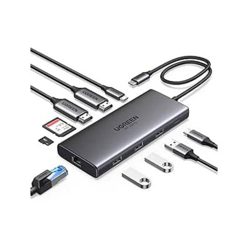 يوجرين 45380 (CM639) محطة إرساء USB-C متعددة الوظائف 10 في 1، بمنفذي HDMI بدقة 4K عند 60 هرتز، ومنفذ جيجابت إيثرنت، وشحن PD بقدرة 100 وات - رمادي